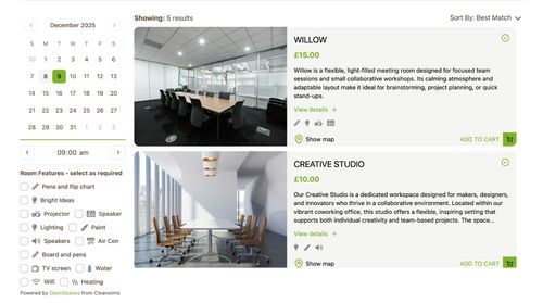 Openspaces search results displaying meeting rooms and creative workspaces with pricing and booking options.