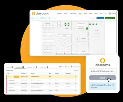 Clearooms desk booking floor plan, users list and login screen for Google Workspace sign-in