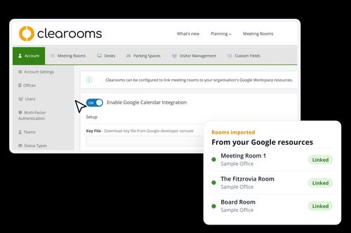 Clearooms Google Calendar integration settings with Google meeting rooms imported and linked